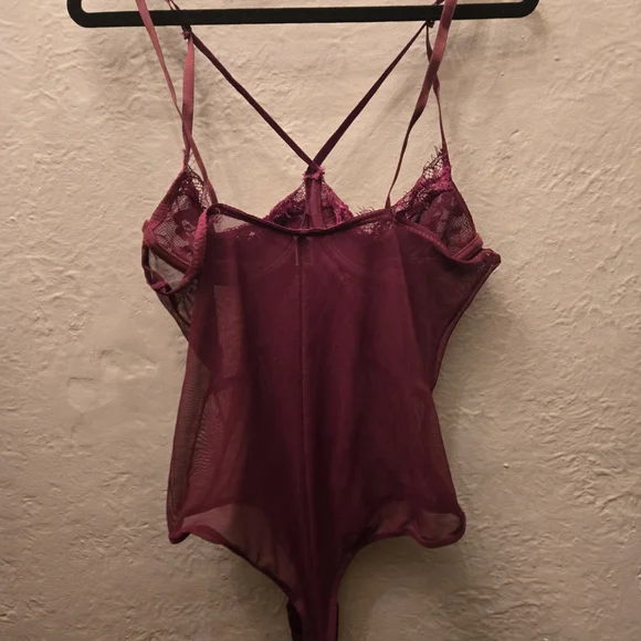 Burgundy Lace Strappy Bodysuit Lingerie Y2K Romantic Mesh Teddy (Size L) - Picture 5 of 10